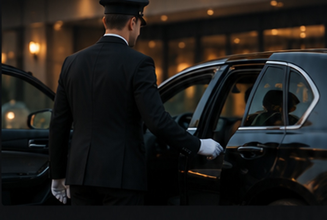 Professional chauffeur opening a black luxury sedan