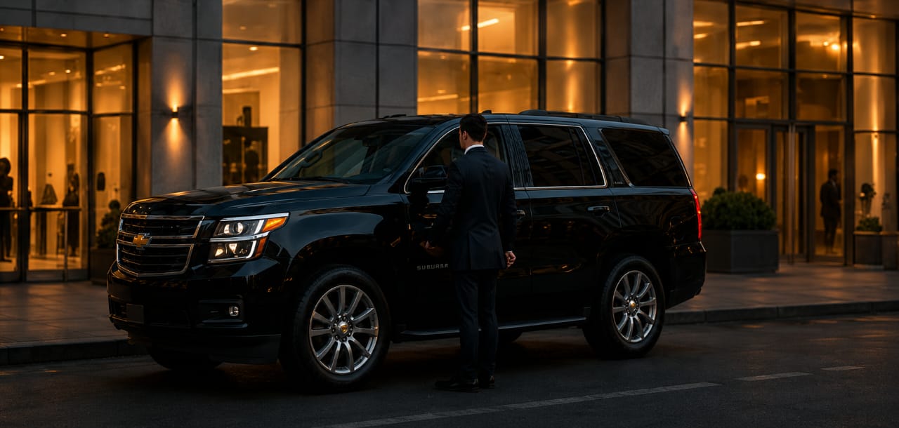 Black luxury SUV with professional chauffeur outside an executive building